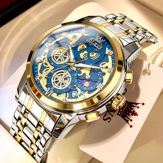 Stylish gold quartz watches for men with gold dial and bracelet
