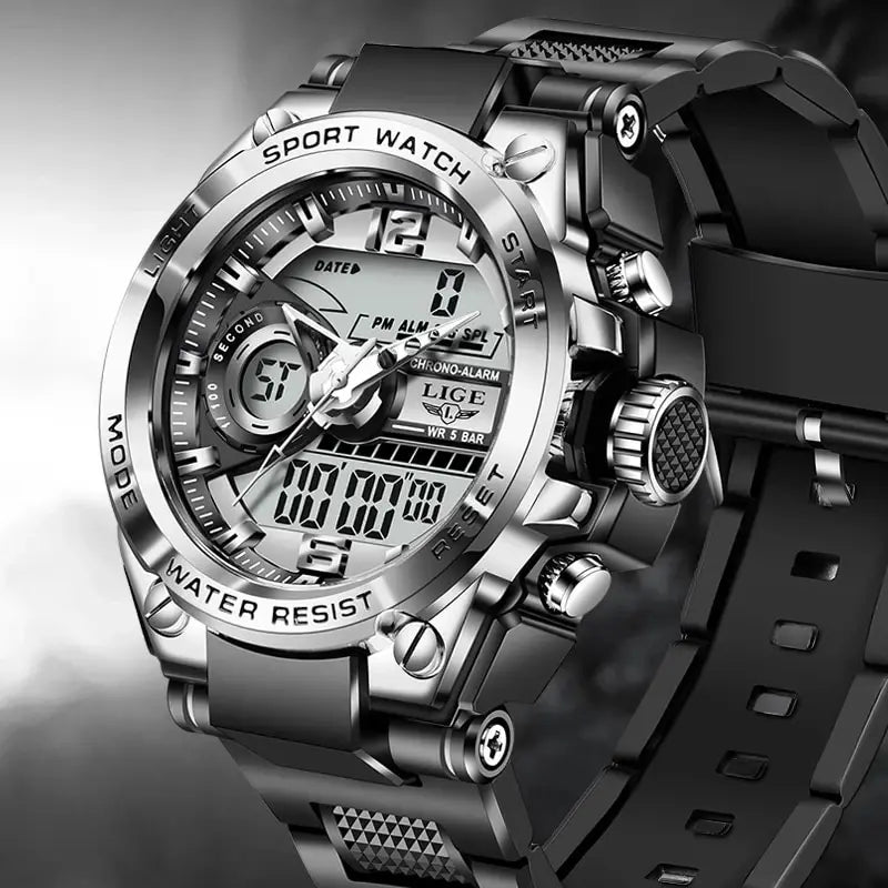 An elegant sport watches for men, featuring a black and white digital display on a white background
