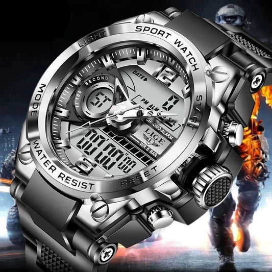 An elegant sport watches for men, featuring a black and white digital display on a white background